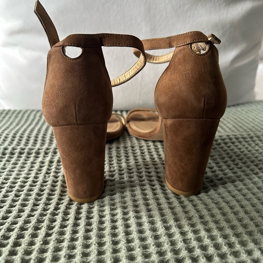 Stuart Weitzman Brown/Tan Suede Open-Toe Ankle-Strap Heels - Picture 7 of 11